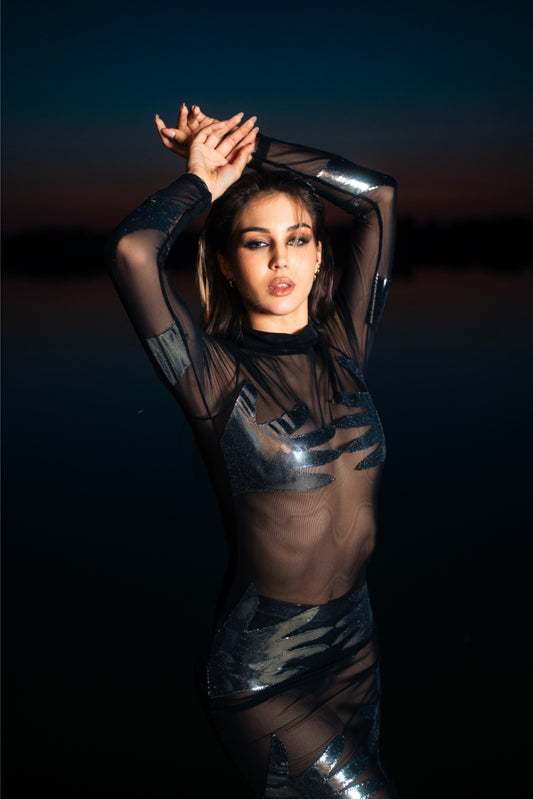 Woman wearing a sheer outfit with metallic accents against a dark background