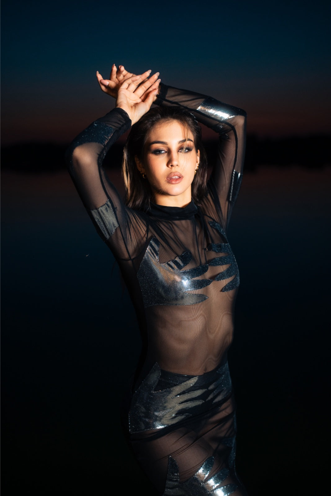 Woman wearing a sheer outfit with metallic accents against a dark background